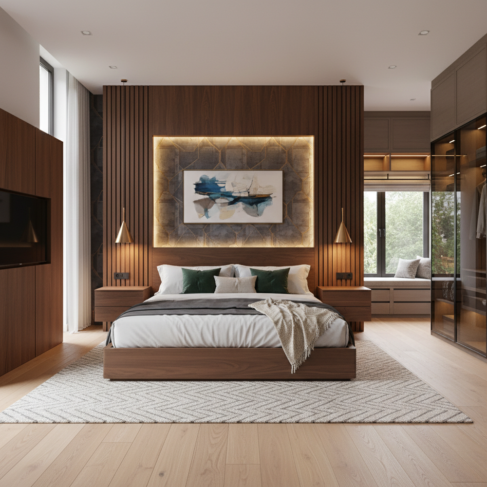 Modern Wooden King Size Master Bedroom with Walk-in Wardrobe