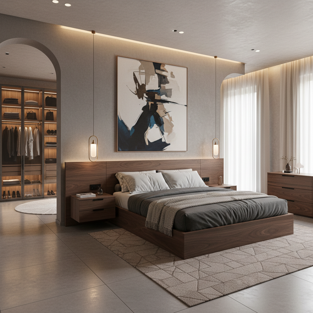 Modern Wooden King Size Master Bedroom with Walk-in Wardrobe