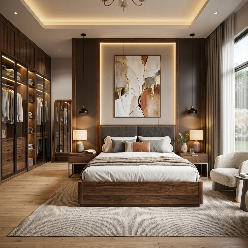 Modern Wooden King Size Master Bedroom with Walk-in Wardrobe