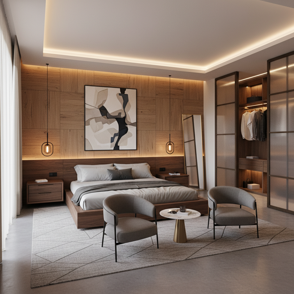 Modern Wooden King Size Master Bedroom with Walk-in Wardrobe