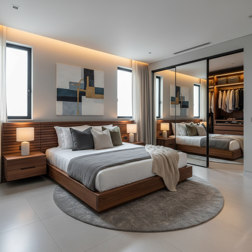 Modern Wooden King Size Master Bedroom with Walk-in Wardrobe