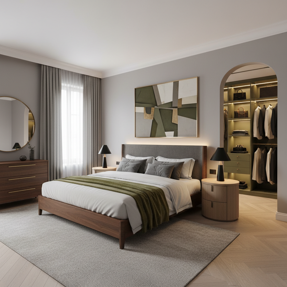 Modern Wooden King Size Master Bedroom with Walk-in Wardrobe