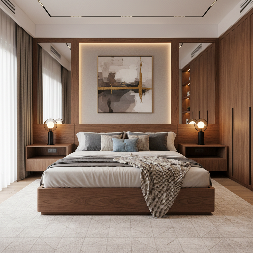 Modern Wooden King Size Master Bedroom with Wall Trims