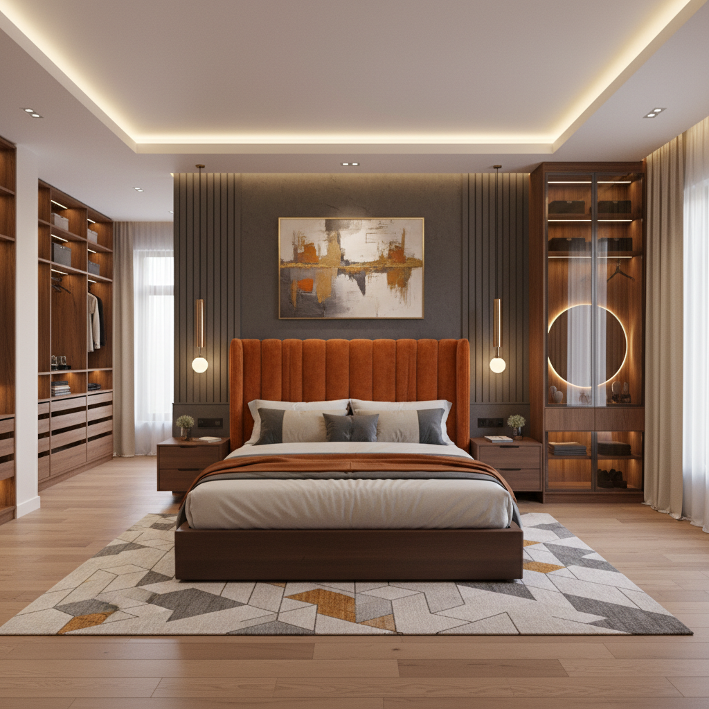 Modern Wooden Queen Size Master Bedroom with Walk-in Wardrobe and Accent Wall