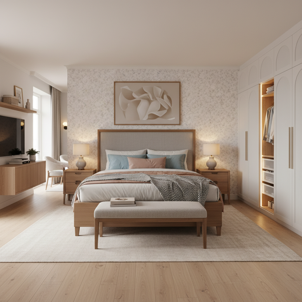 Scandinavian Upholstered Double Master Bedroom with Walk-in Wardrobe