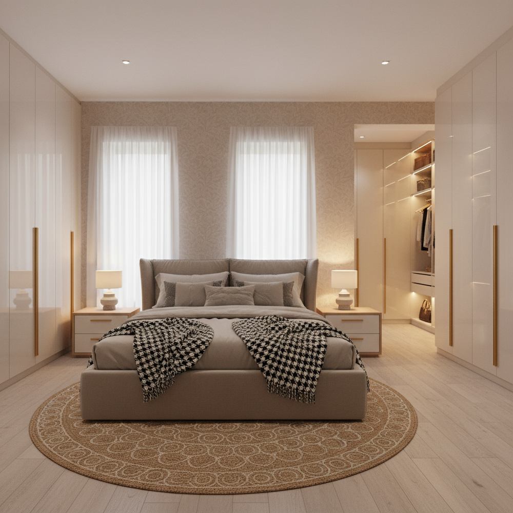 Scandinavian Upholstered King Size Master Bedroom with Walk-in Wardrobe