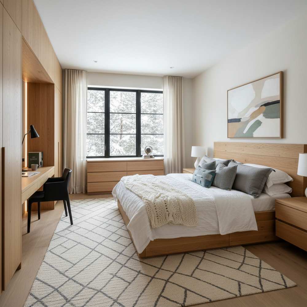 Scandinavian Wooden King Size Master Bedroom with Study Desk