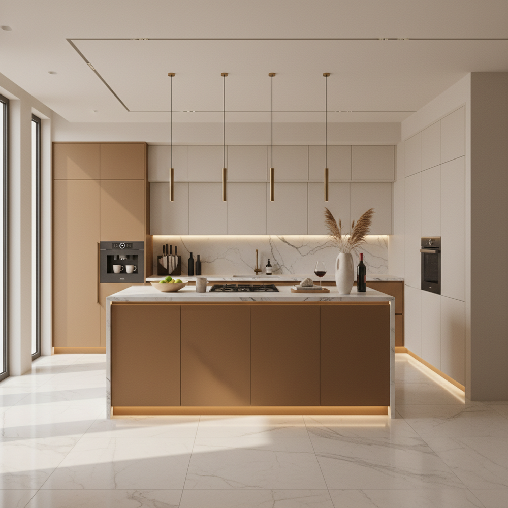 Acacia and Pomelia Modern Open Kitchen Design with Matte Laminate Cabinets