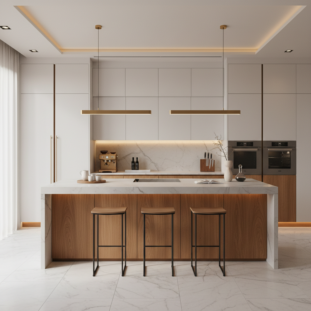Acacia Exodus and Frosty White Modern India Kitchen Design with Matte Laminate Cabinets