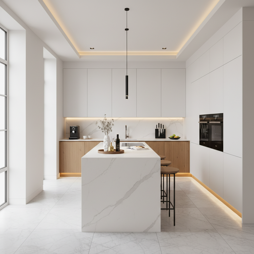 Acacia & White Scandinavian Parallel Kitchen Design with Matte Laminate Cabinets
