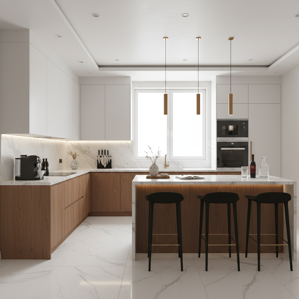 American Walnut & Frosty White Contemporary U-Shaped Kitchen Design with Matte Laminate Cabinets