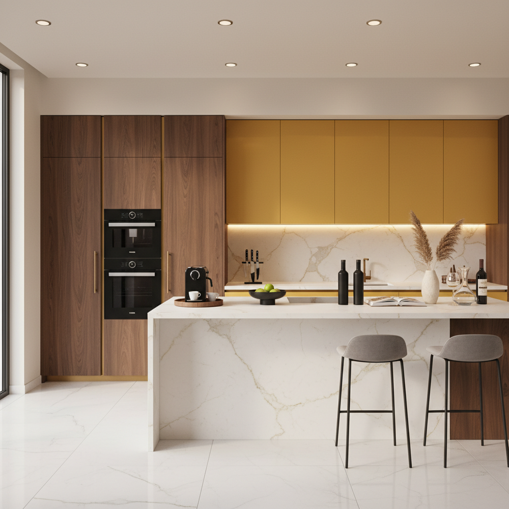 American Walnut & Marigold Yellow Contemporary Open Kitchen Design with Matte Laminate Cabinets