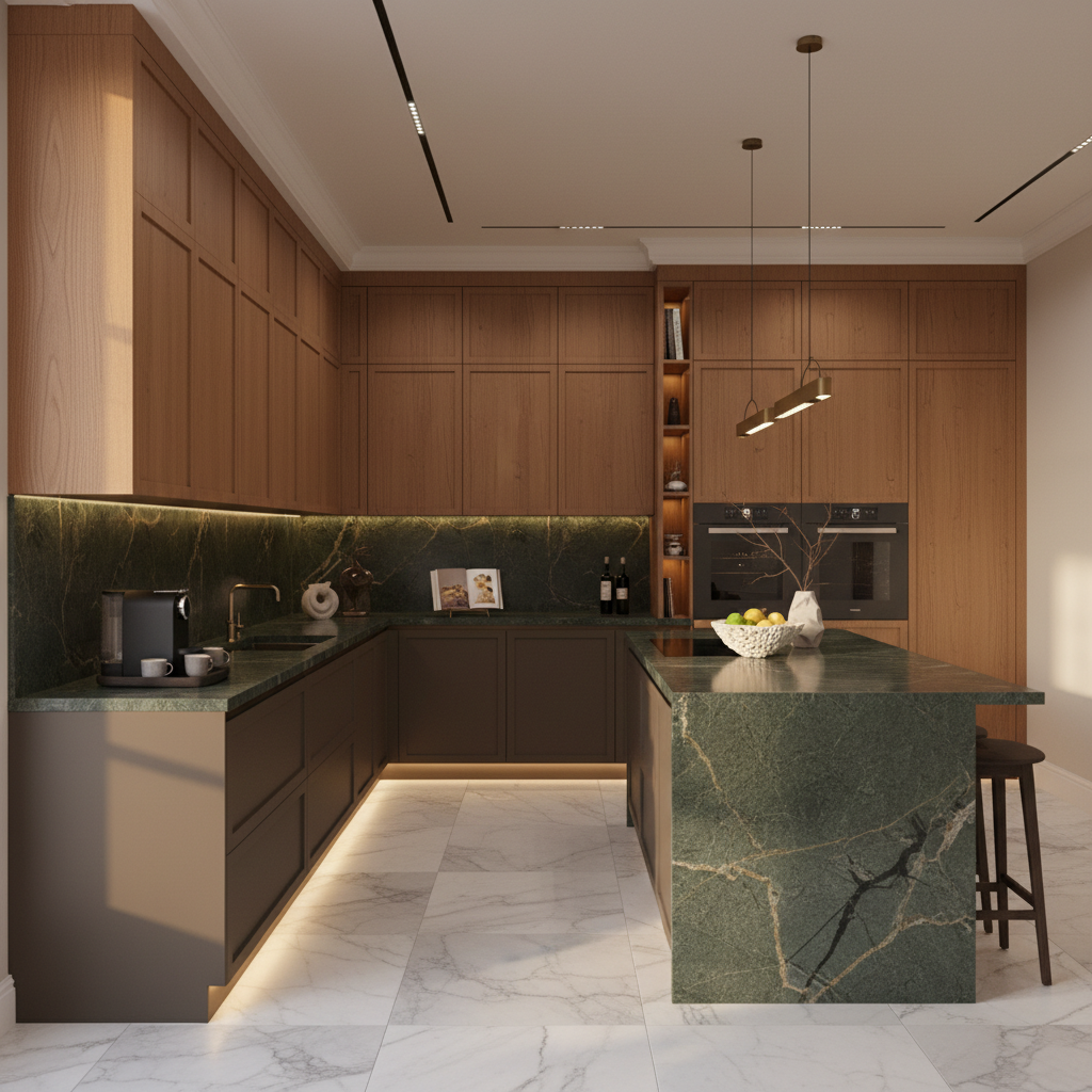 Autumn Leaf & Tawny Balsam Traditional L-Shaped Kitchen Design with Granite Countertop