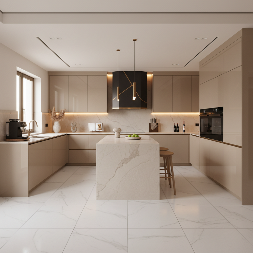 Beige Modern U-Shaped Kitchen Design with High Gloss Finish Cabinets