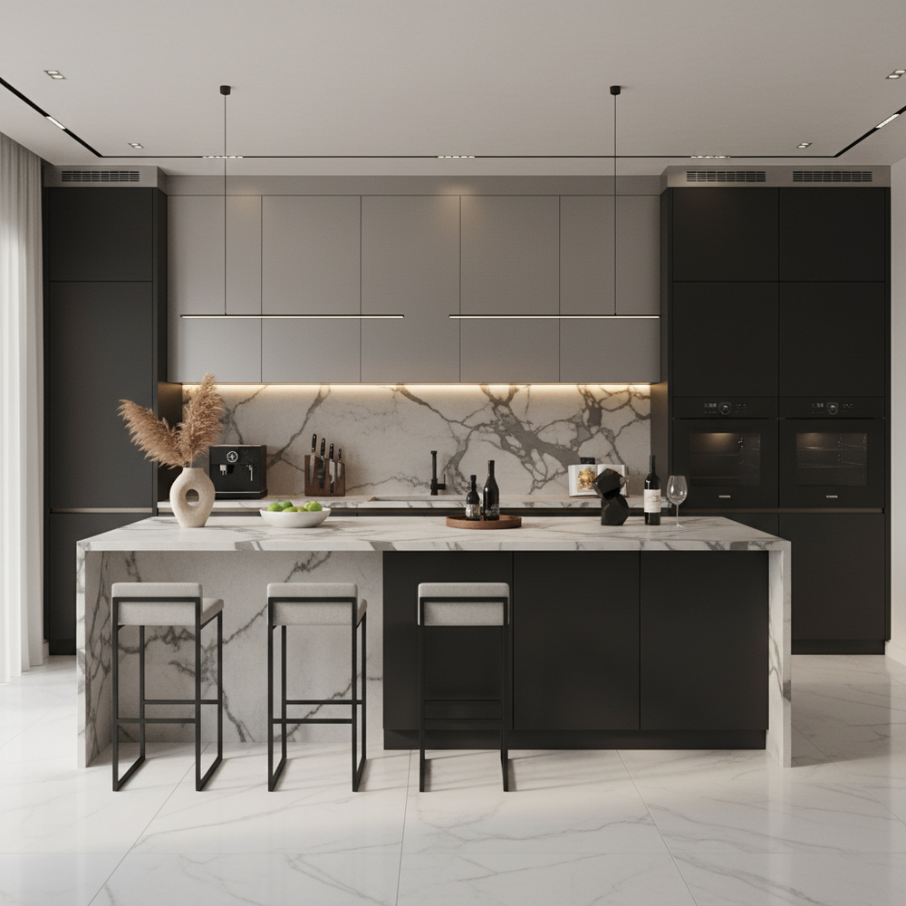 Black and Silver Modern Open Kitchen Design with Matte Laminate Cabinets