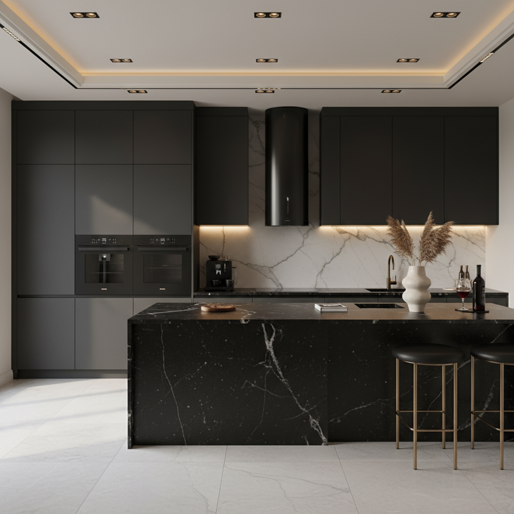 Black Contemporary L-Shaped Kitchen Design with Granite Countertops