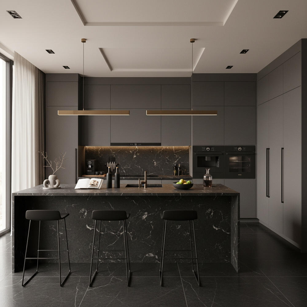 Black Granite Modern U-Shaped Kitchen Design