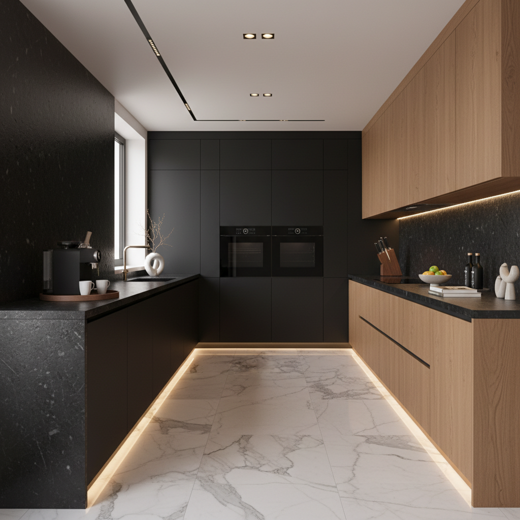 Black Modern Parallel Kitchen Design with Natural Wood Cabinets