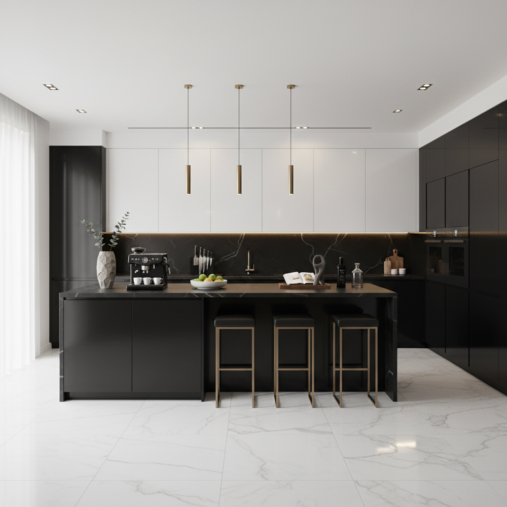 Black & White Contemporary Island Kitchen Design with High Gloss Cabinets