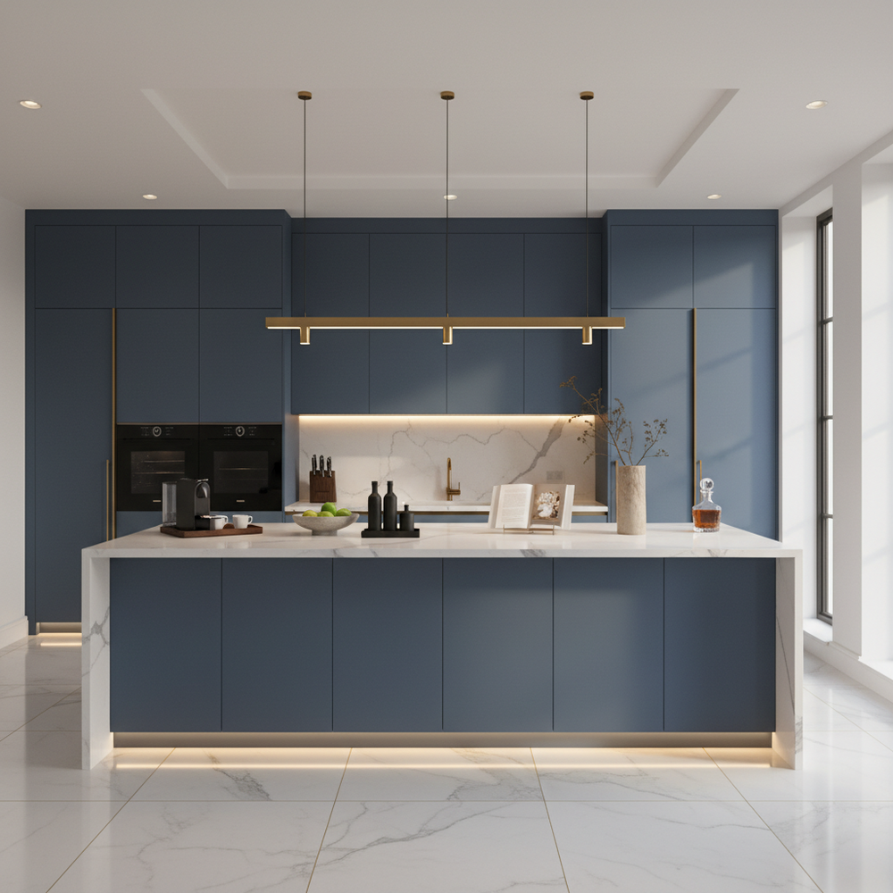 Blue Modern Open Kitchen Design with Corian Countertops