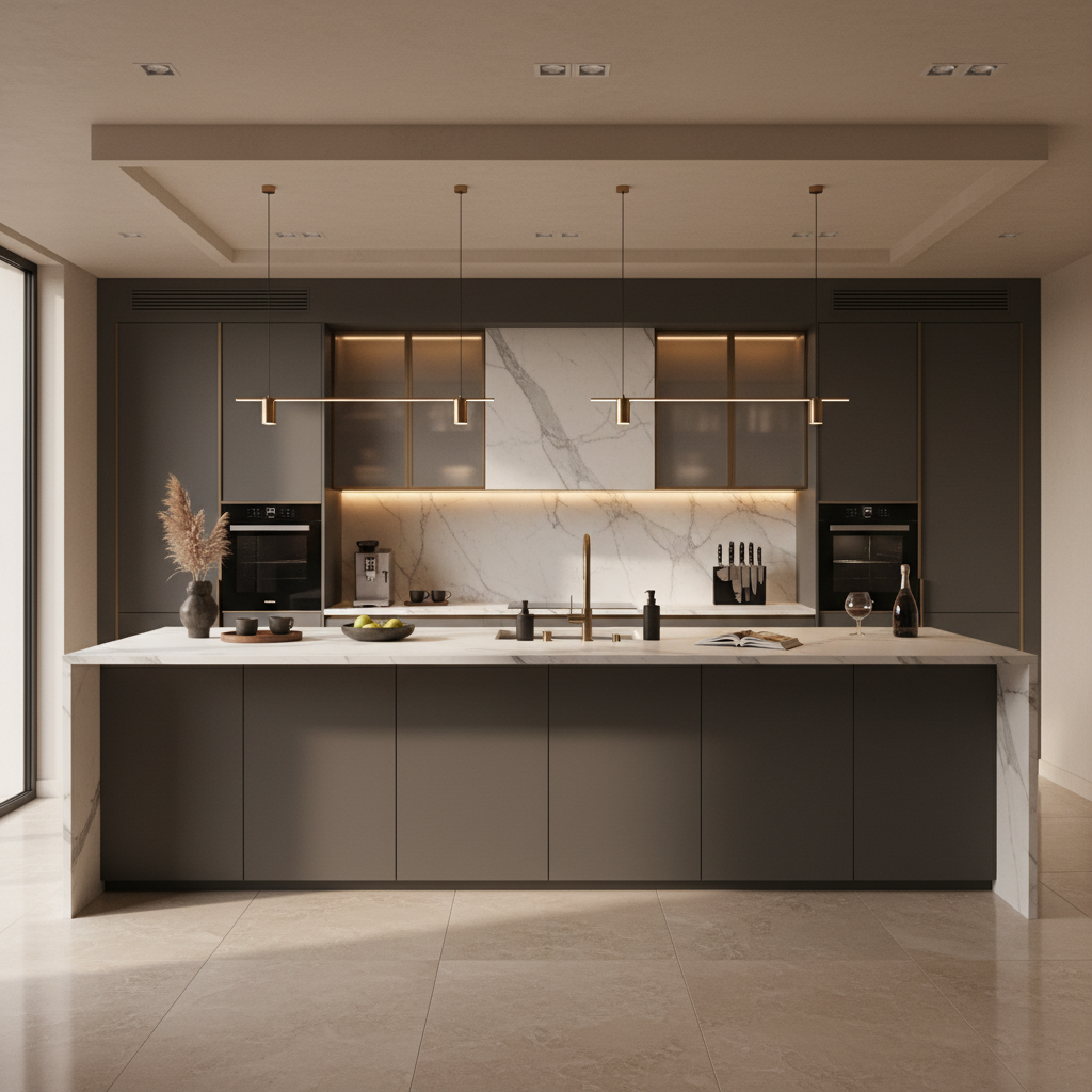 Cagliata Modern Island Kitchen Design with Matte Laminate Cabinets