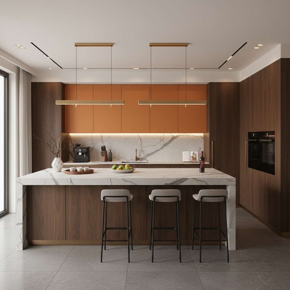 Canadian Walnut and Orange Contemporary Parallel Kitchen Design with Matte Laminate Cabinets