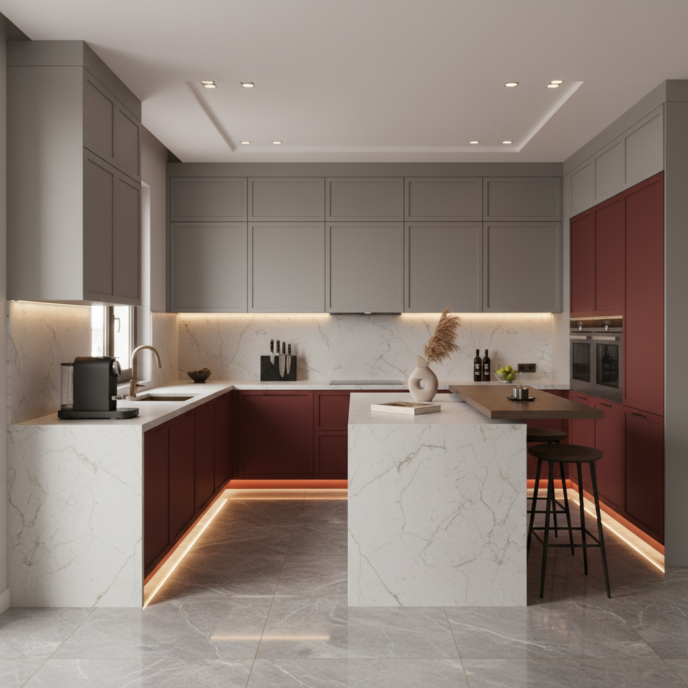 Cardinal Red and Gothic Grey Modern L-Shaped Kitchen Design with Matte Laminate Cabinets