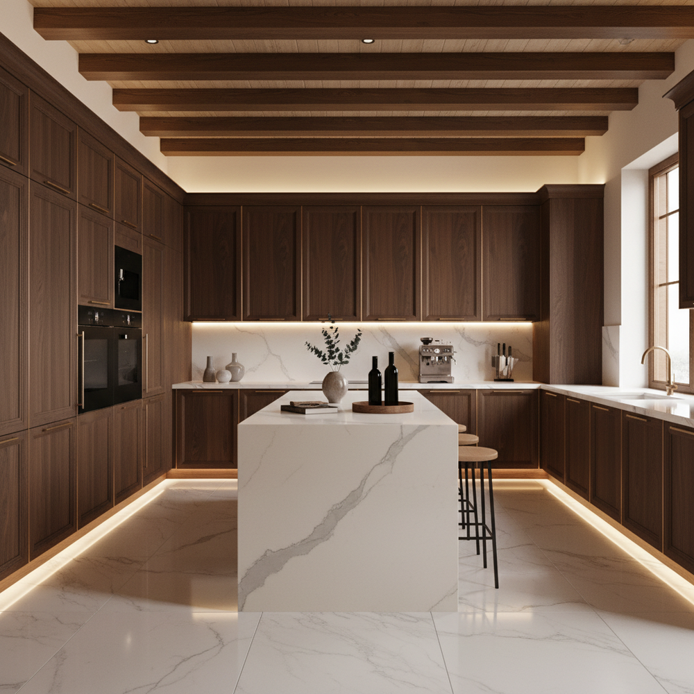 Classic Traditional L-Shaped Kitchen Design with Corian Countertops