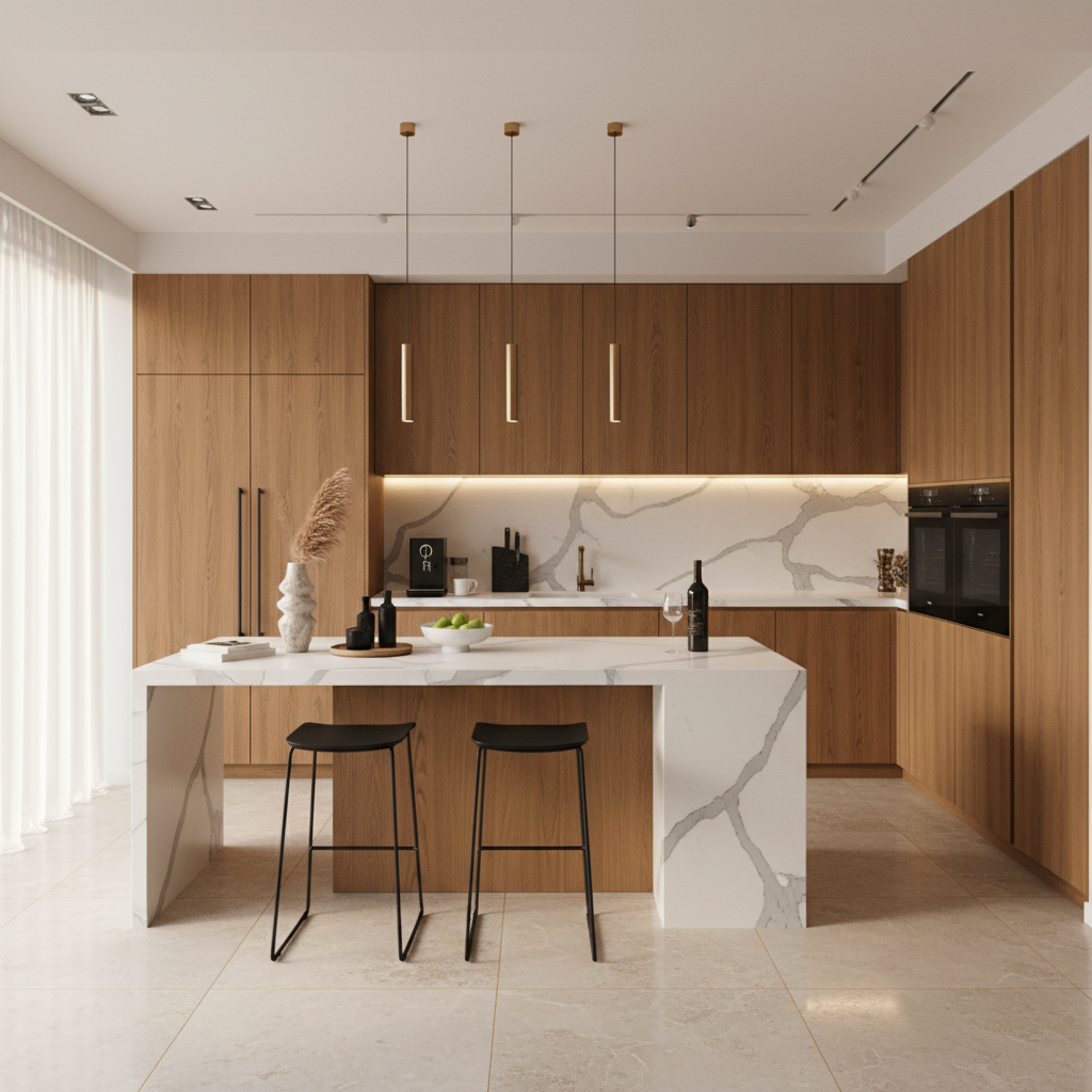 Cresent Acacia Contemporary Island Kitchen Design with Matte Laminate Cabinets