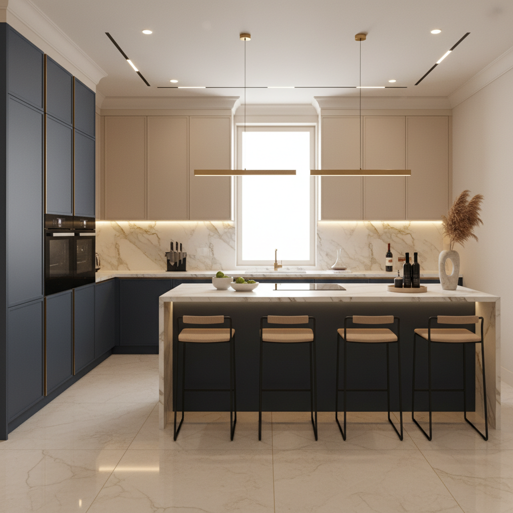 Denim & Sand Modern U-Shaped Kitchen Design with Matte Membrane Cabinets