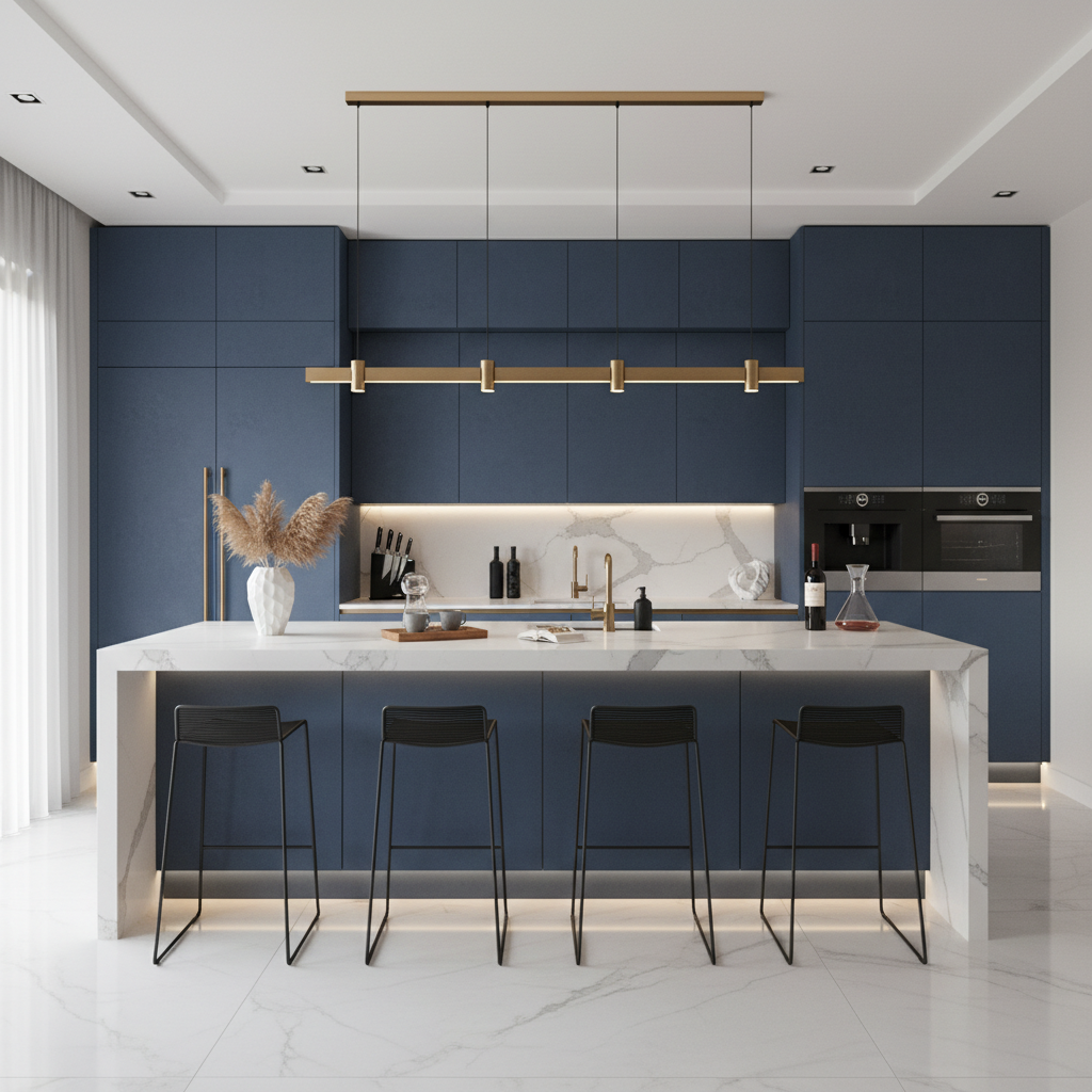 Denim Suedette Modern Open Kitchen Design with Matte Laminate Cabinets