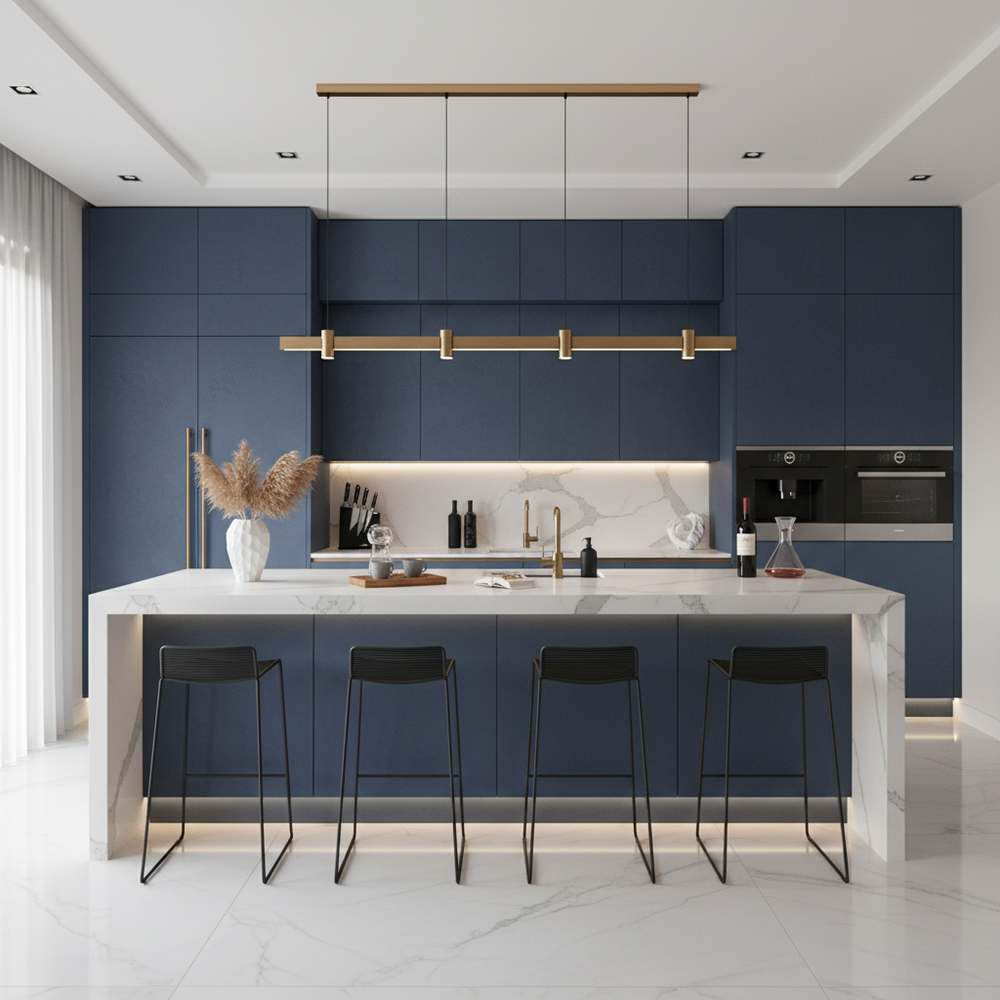 Denim Suedette Modern Open Kitchen Design with Matte Laminate Cabinets