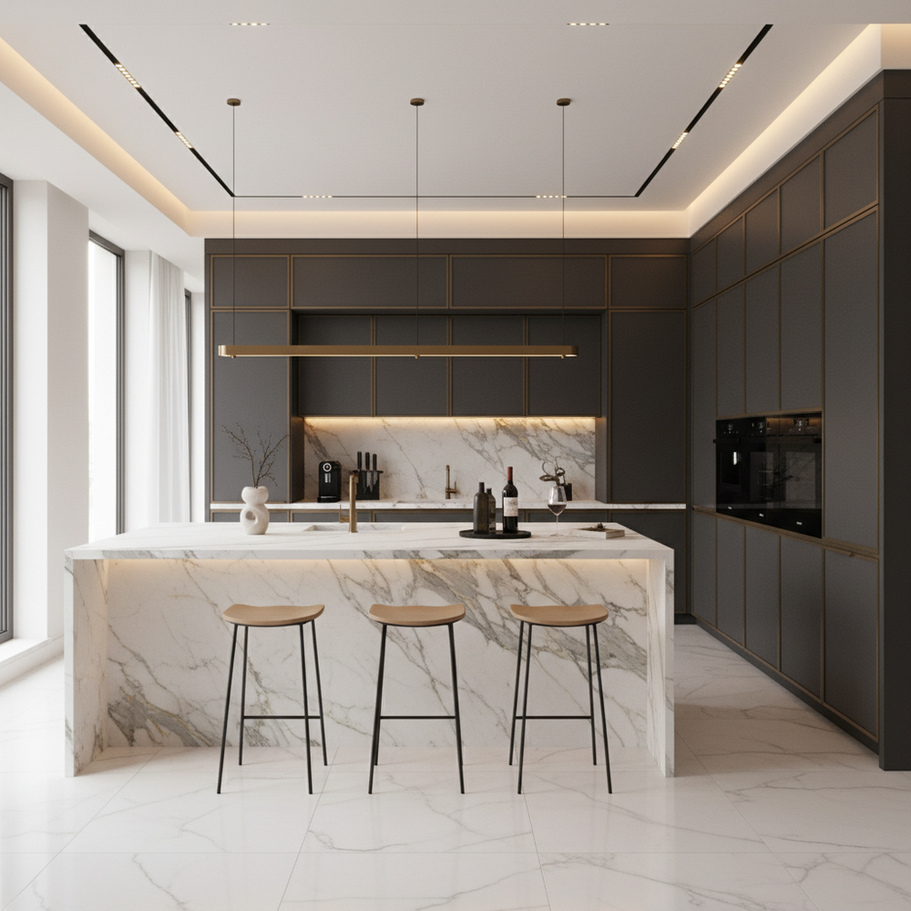 Elegant Modern U-Shaped Kitchen Design with Granite Countertops