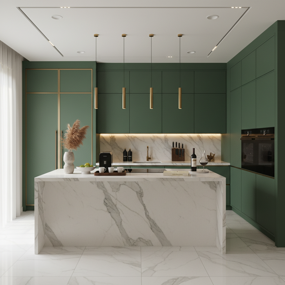 Fern Green Modern U-Shaped Kitchen Design with Matte Laminate Cabinets