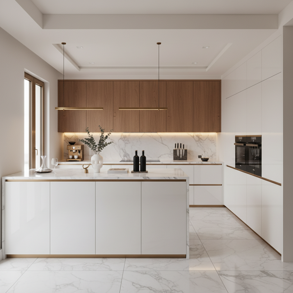 Frosty White Modern U-Shaped Kitchen Design with High Gloss Laminate Cabinets