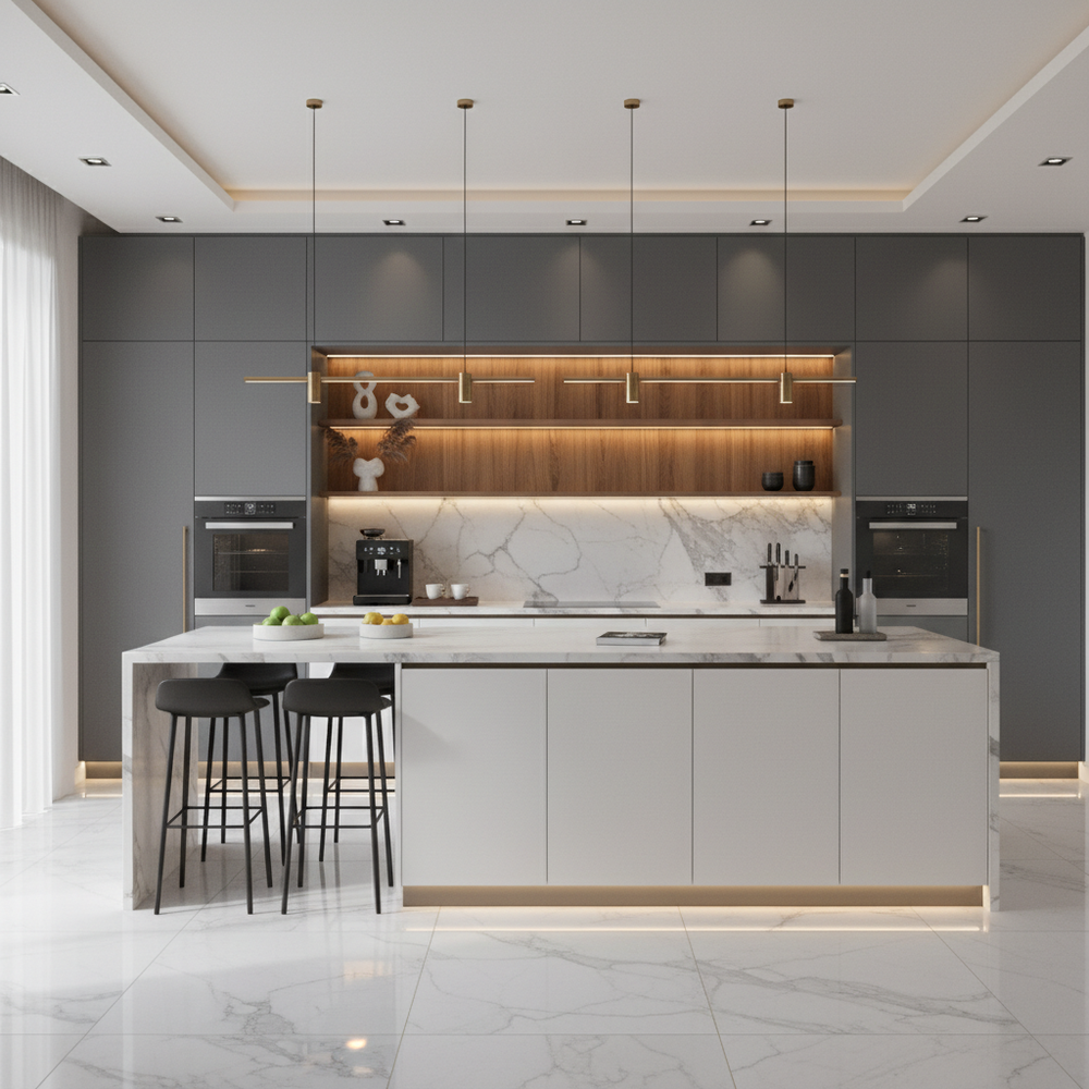 Frosty White & Slate Modern Island Kitchen Design with Matte Laminate Cabinets