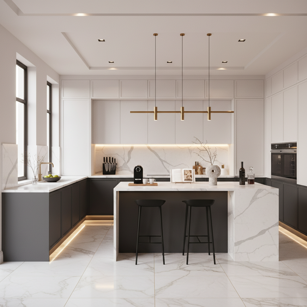 Gothic Grey & Frosty White Modern U-Shaped Kitchen Design with Quartz Countertop