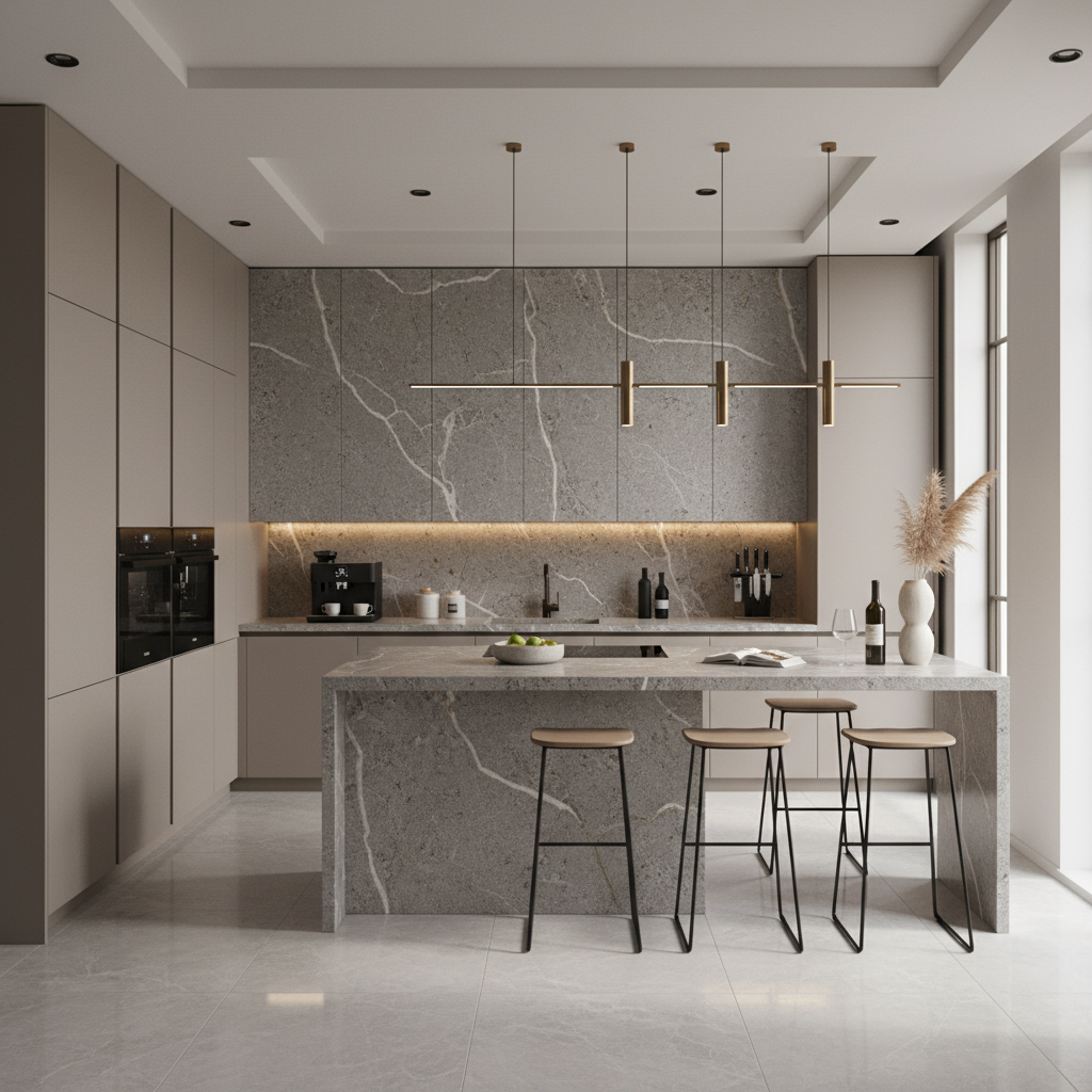 Granite Contemporary L-Shaped Kitchen Design with Custom Storage