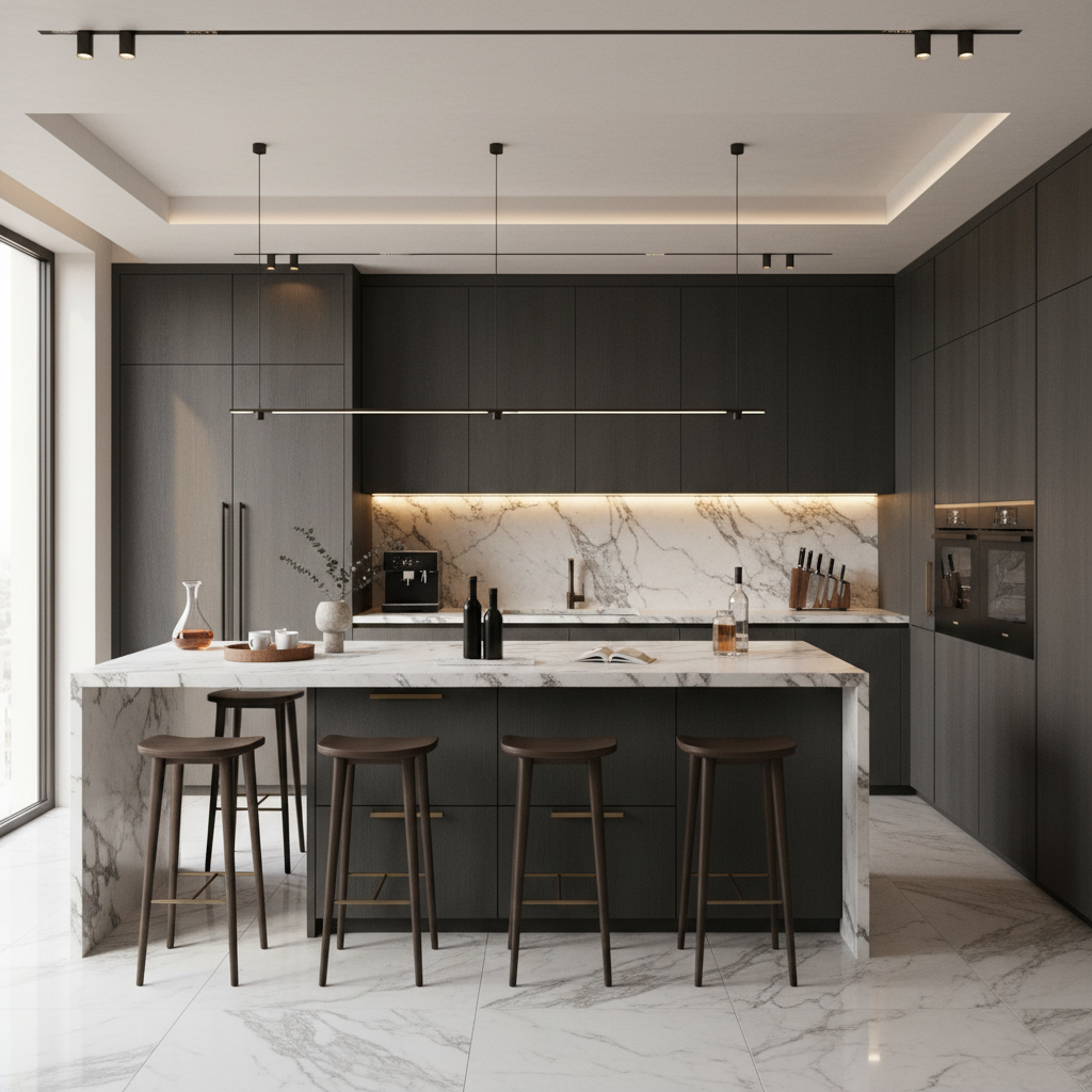 Granite Modern Island Kitchen Design with Custom Cabinetry