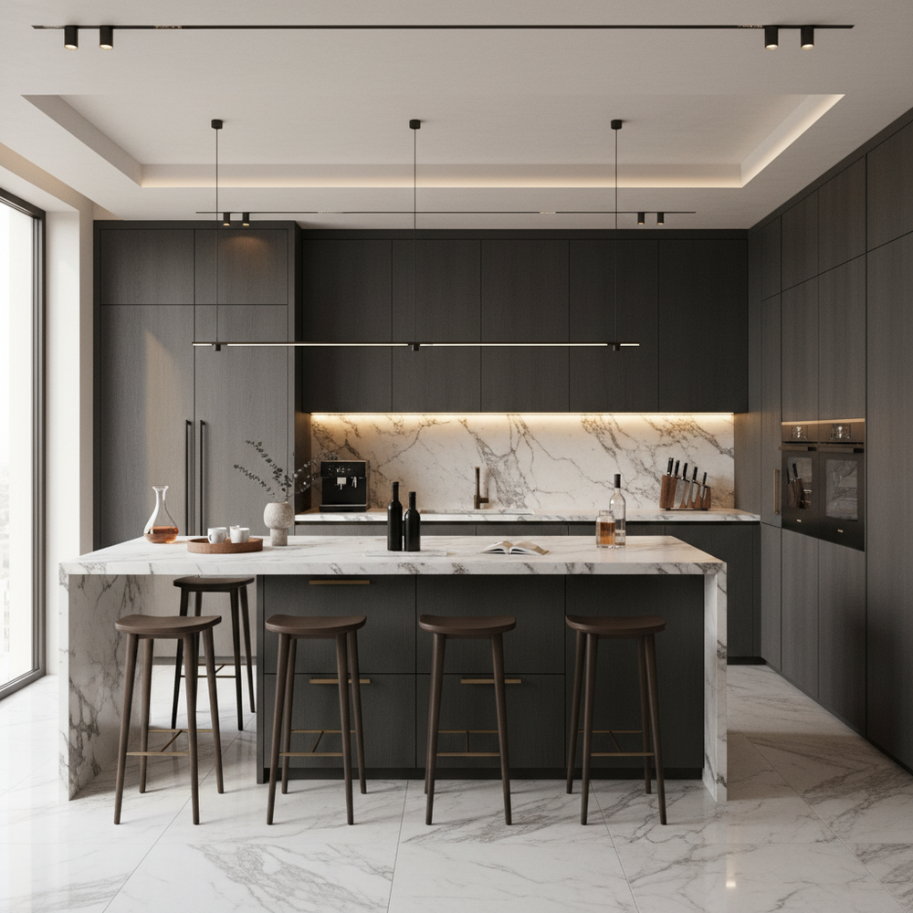 Granite Modern Island Kitchen Design with Custom Cabinetry
