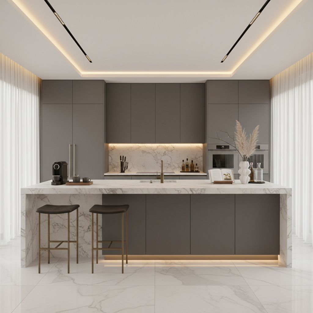 Granite Modern Island Kitchen Design with Spacious Cabinets