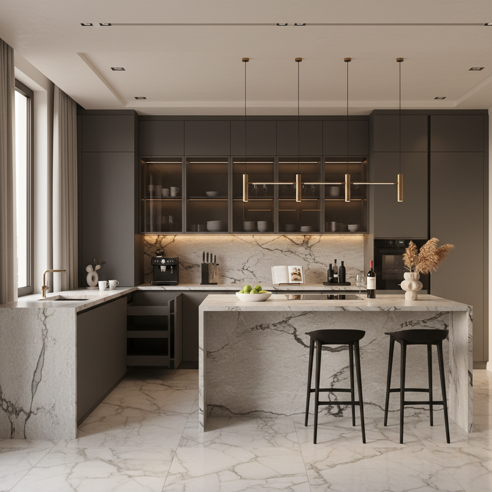 Granite Modern L-Shaped Kitchen Design with Handle-less Cabinets