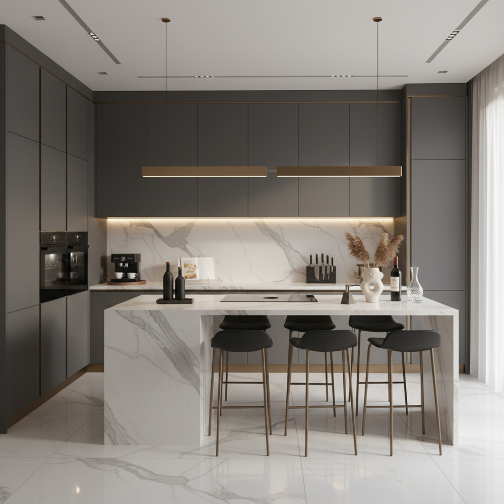 Granite Modern L-Shaped Kitchen Design with Premium Cabinets