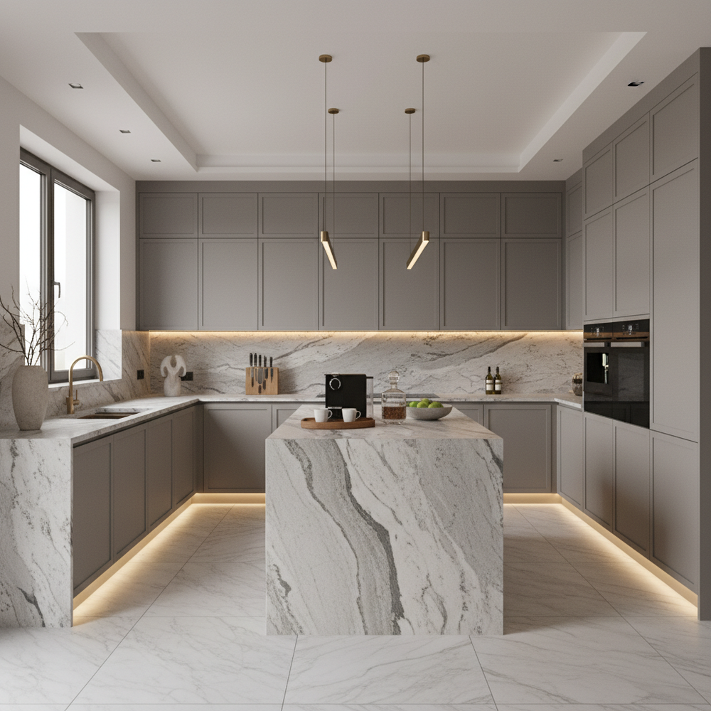 Gray Contemporary U-Shaped Kitchen Design with Granite Countertops