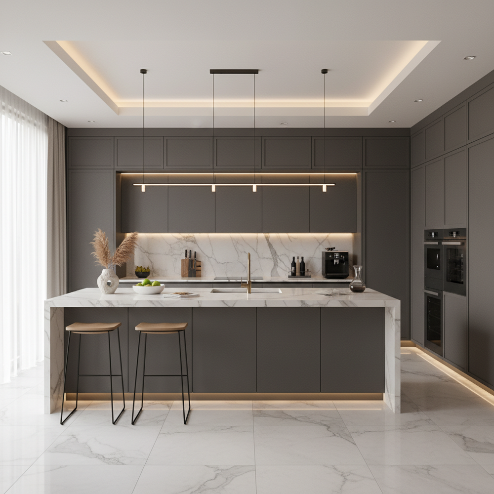Gray Modern Open Kitchen Design with Matte Cabinets