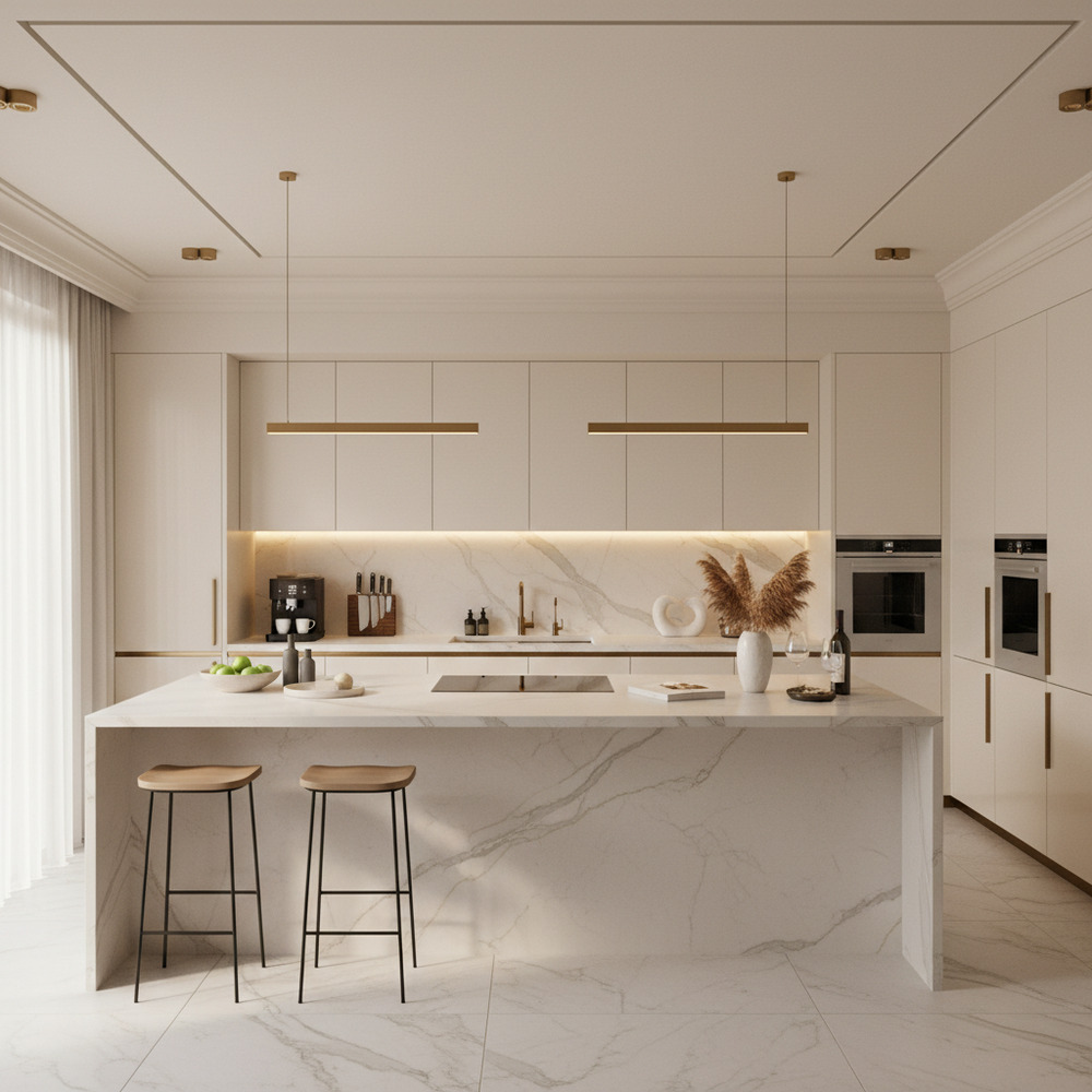 Irish Cream Modern U-Shaped Kitchen Design with High Gloss Finish Cabinets