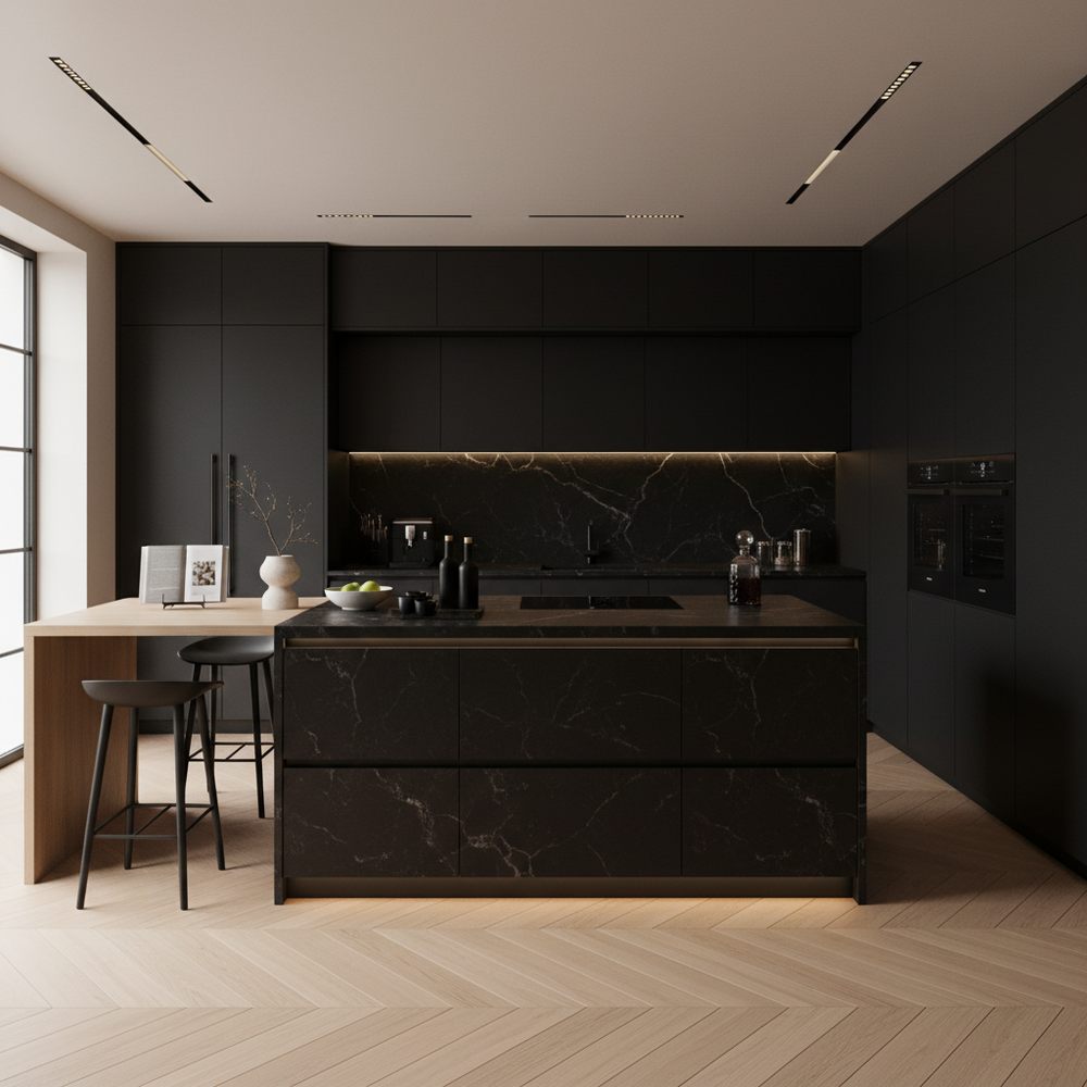 Jet Black Contemporary Open Kitchen Design with Granite Countertops