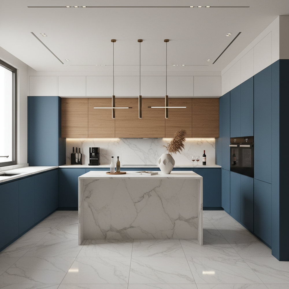 Kingfisher Blue Contemporary U-Shaped Kitchen Design with Matte Laminate Cabinets
