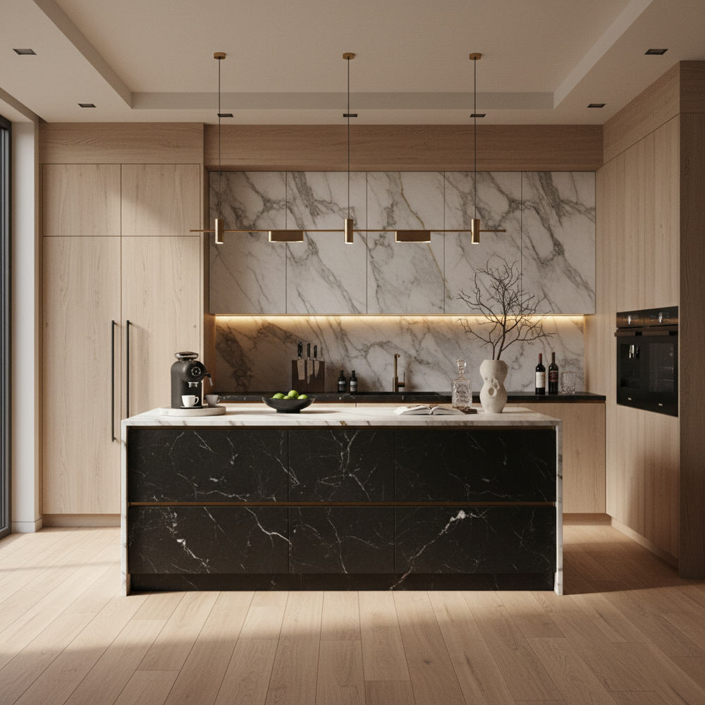 Light Wood Contemporary L-Shaped Kitchen Design with Granite Countertop