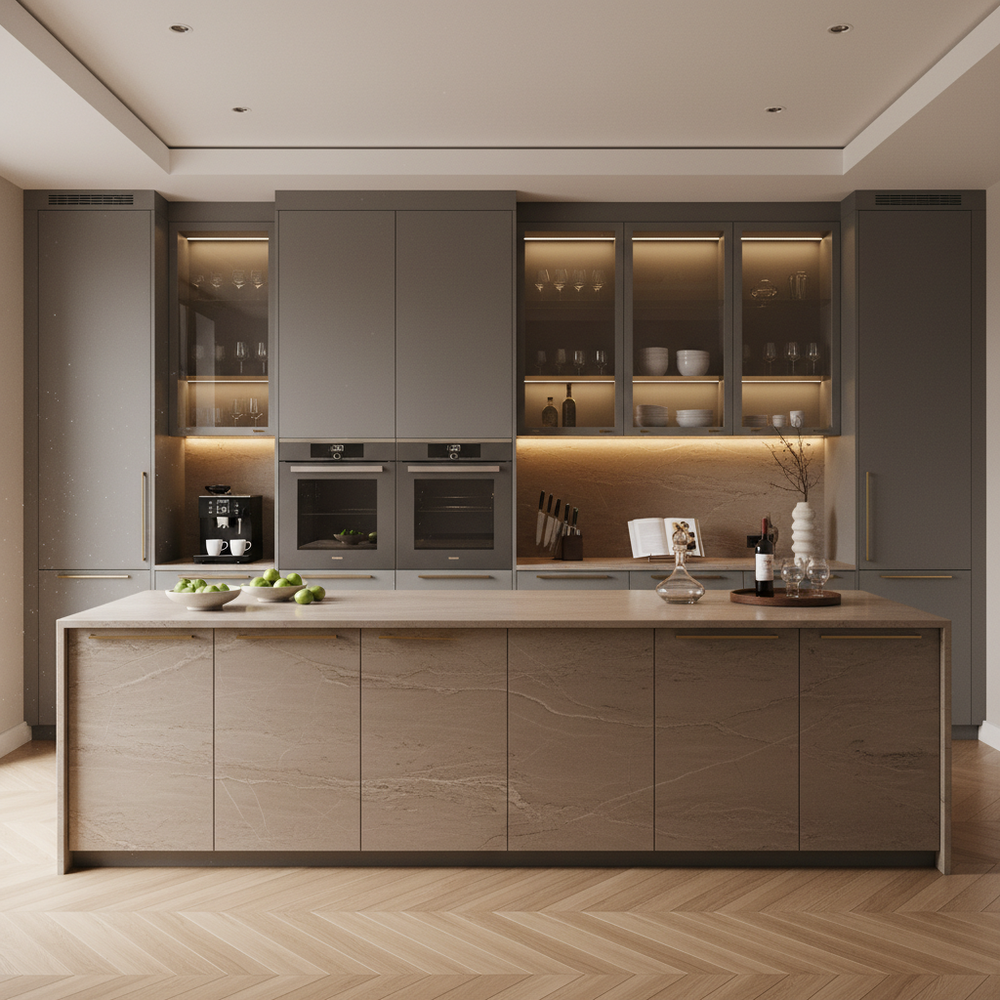 Matte Grey Modern Straight Kitchen Design with Membrane Cabinets